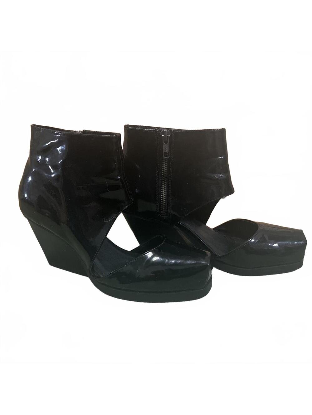 Cheap Monday Gothic Black Patent Leather Wedge Heels Ankle Cutout Womens Size 7
